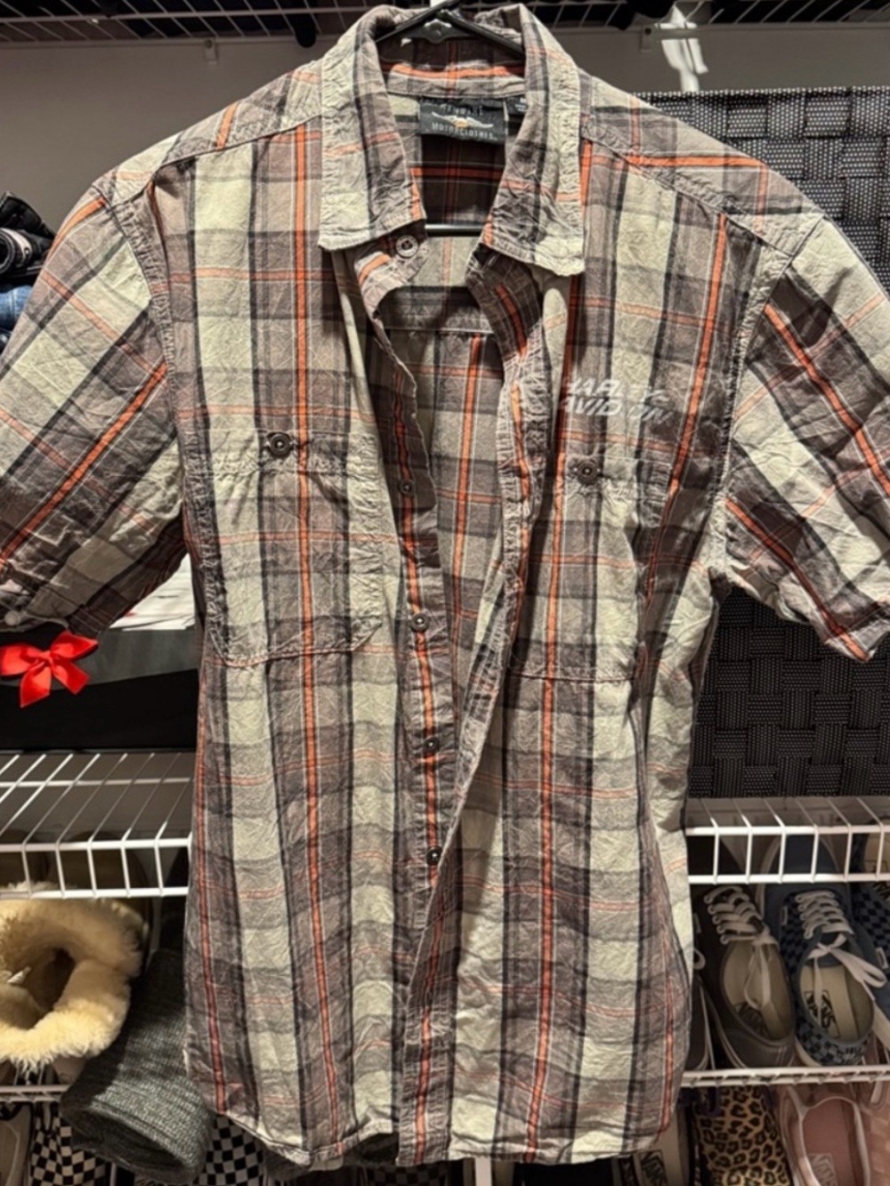 Harley-Davidson Men's Short-Sleeve Plaid Button-Down — Gray & Orange